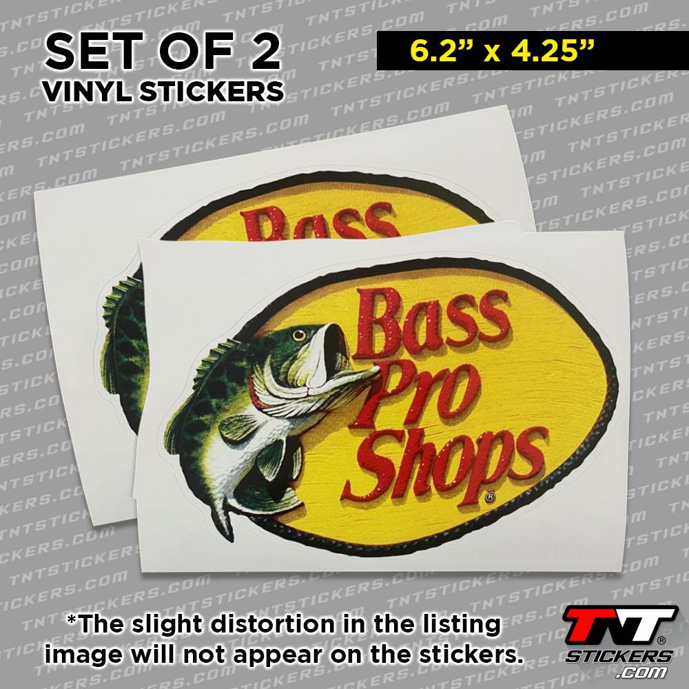 Two Bass Pro Shops vinyl stickers on a gray background with branding and size information.
