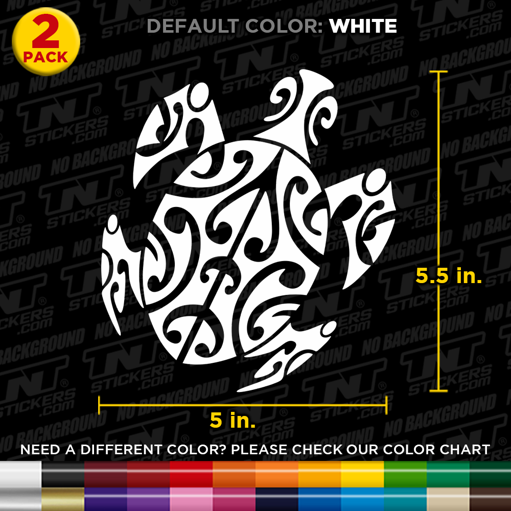 White tribal-style polynesian Sea Turtle decal on a black background with measurements and color options.