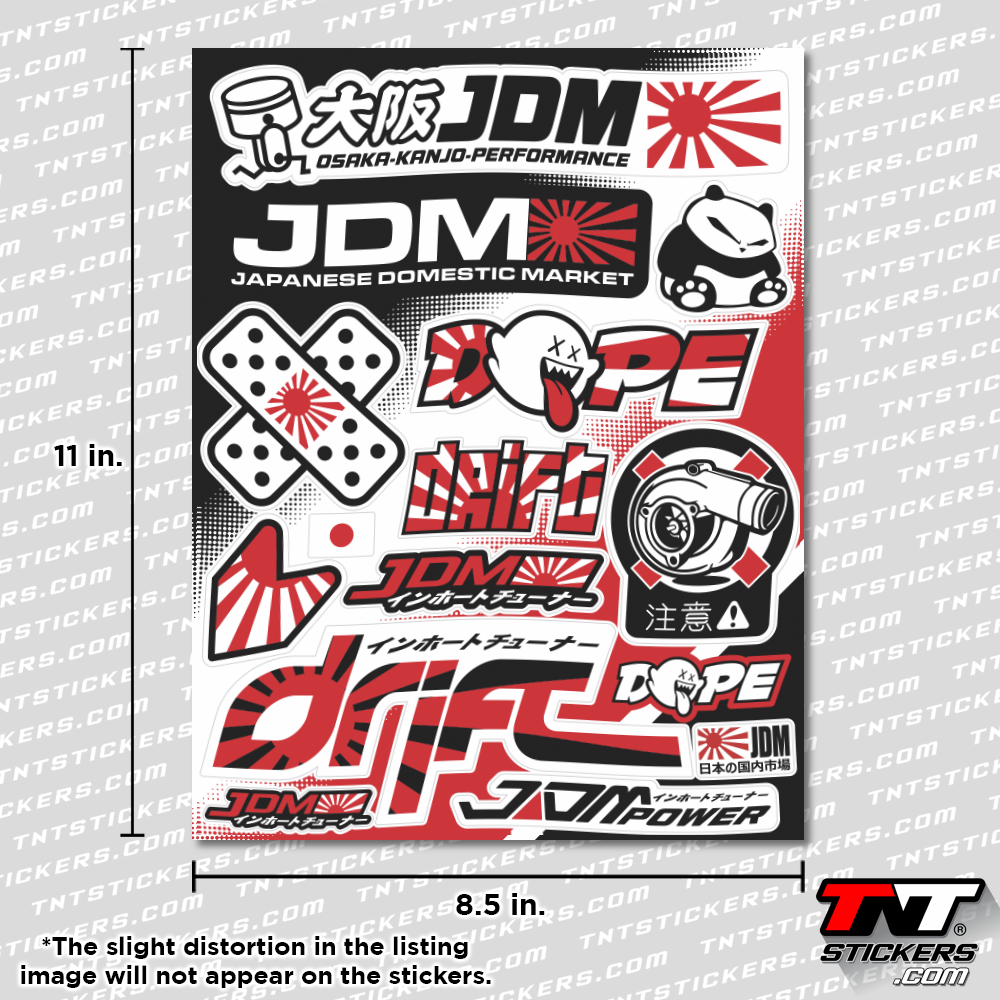 Sheet of JDM-themed stickers with various designs Black and red on a white background.