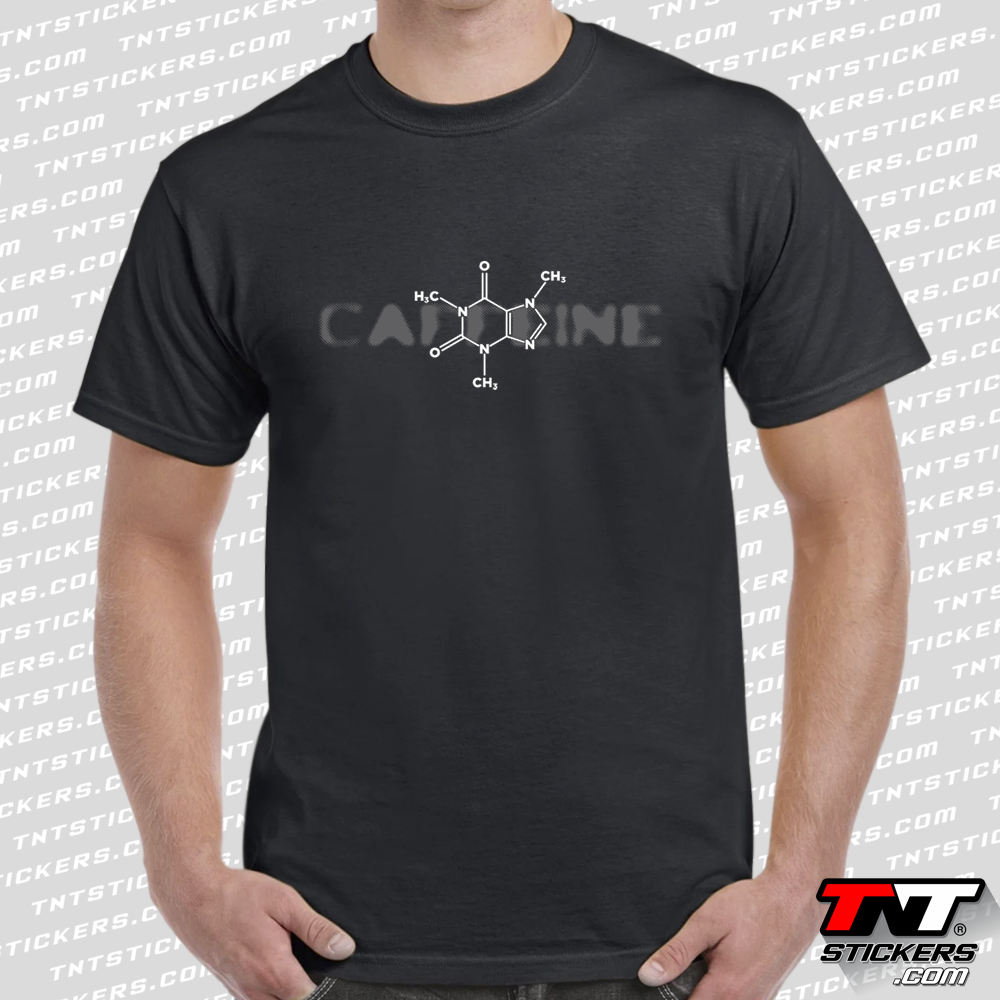 Model wearing a black short-sleeve t-shirt with a full front print featuring a Caffeine molecule design.