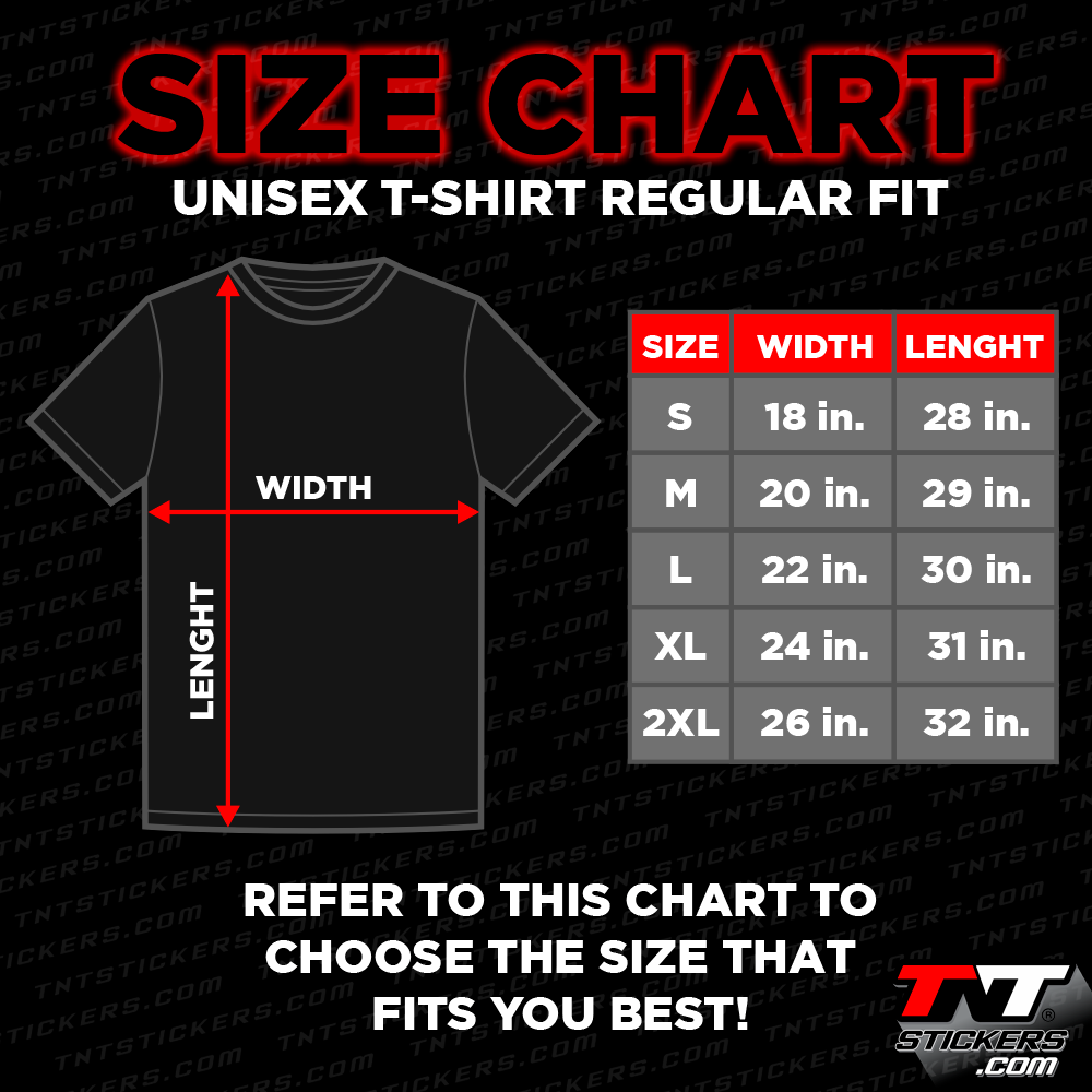 T-shirt size chart showing measurements for chest width and body length in sizes S to 2XL, in inches.