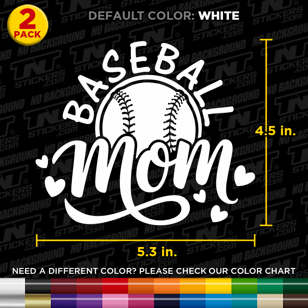 Decal with 'Baseball Mom' text and measurements on a black background