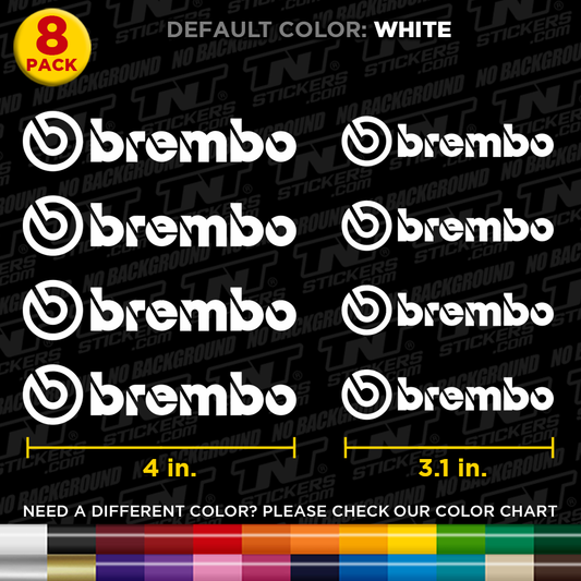 Multiple Brembo Caliper logo stickers on a black background with color chart.