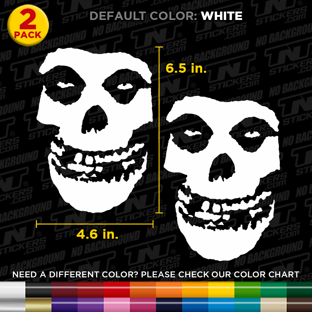Two white Misfits skull decals with measurements on a black background with TNT Stickers branding.