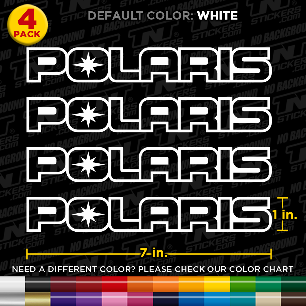 Four Polaris decals on a black background, featuring a color chart at the bottom.