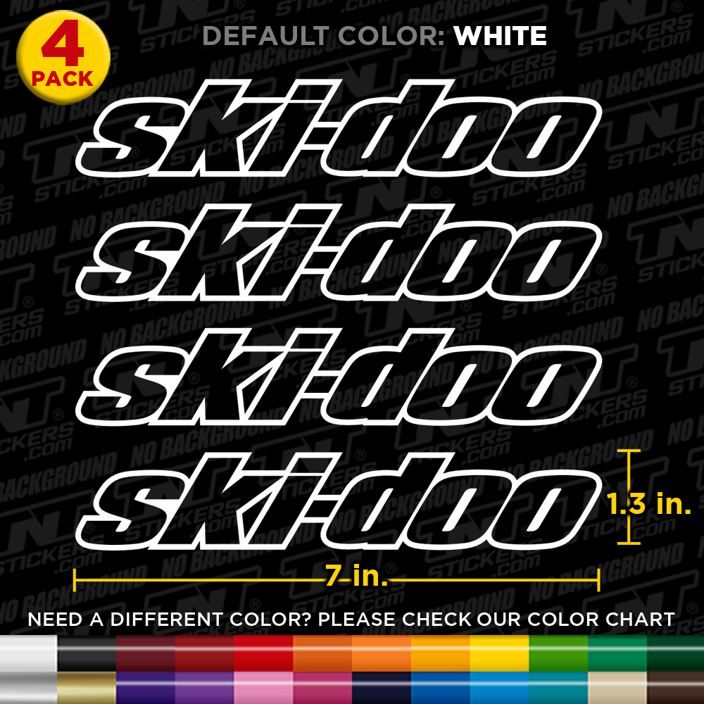 Set of Skidoo decals with dimensions and color options on a black background