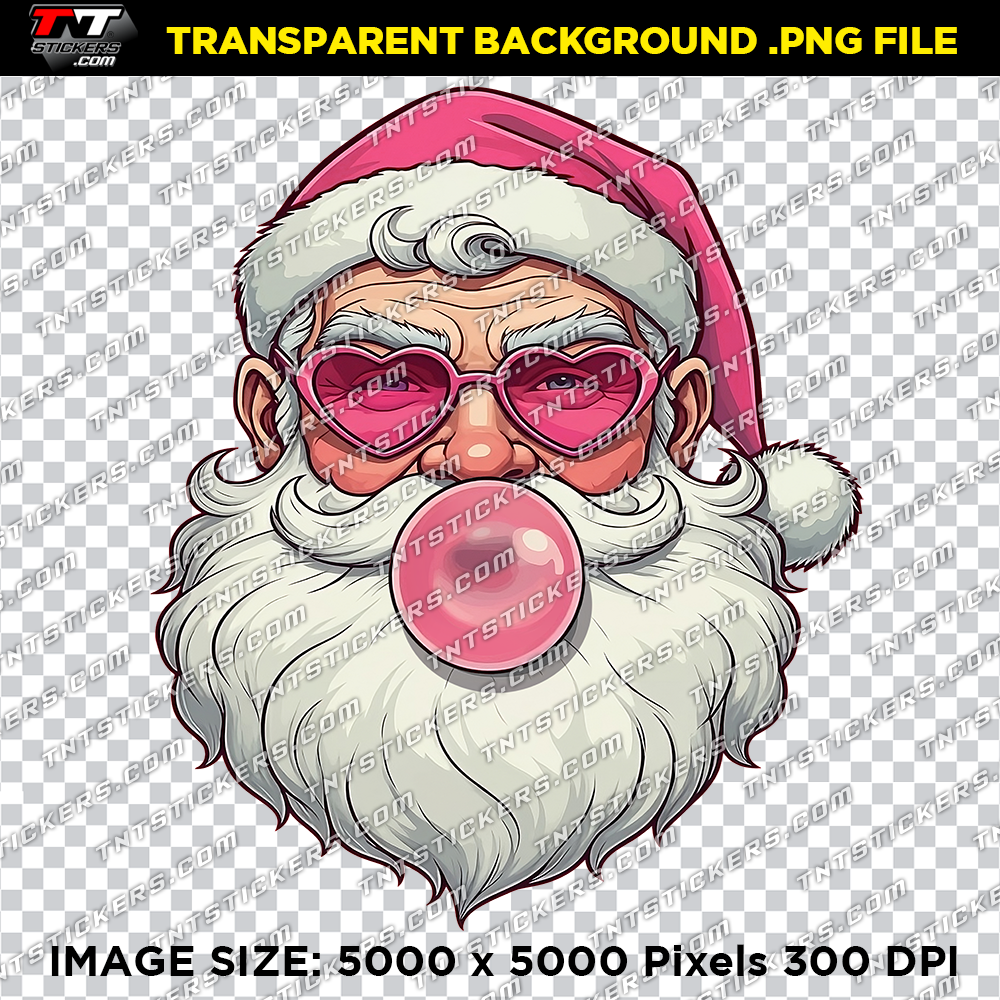 Bitmap artwork of a pink Santa blowing a bubble gum, vibrant and whimsical design for holiday-themed projects