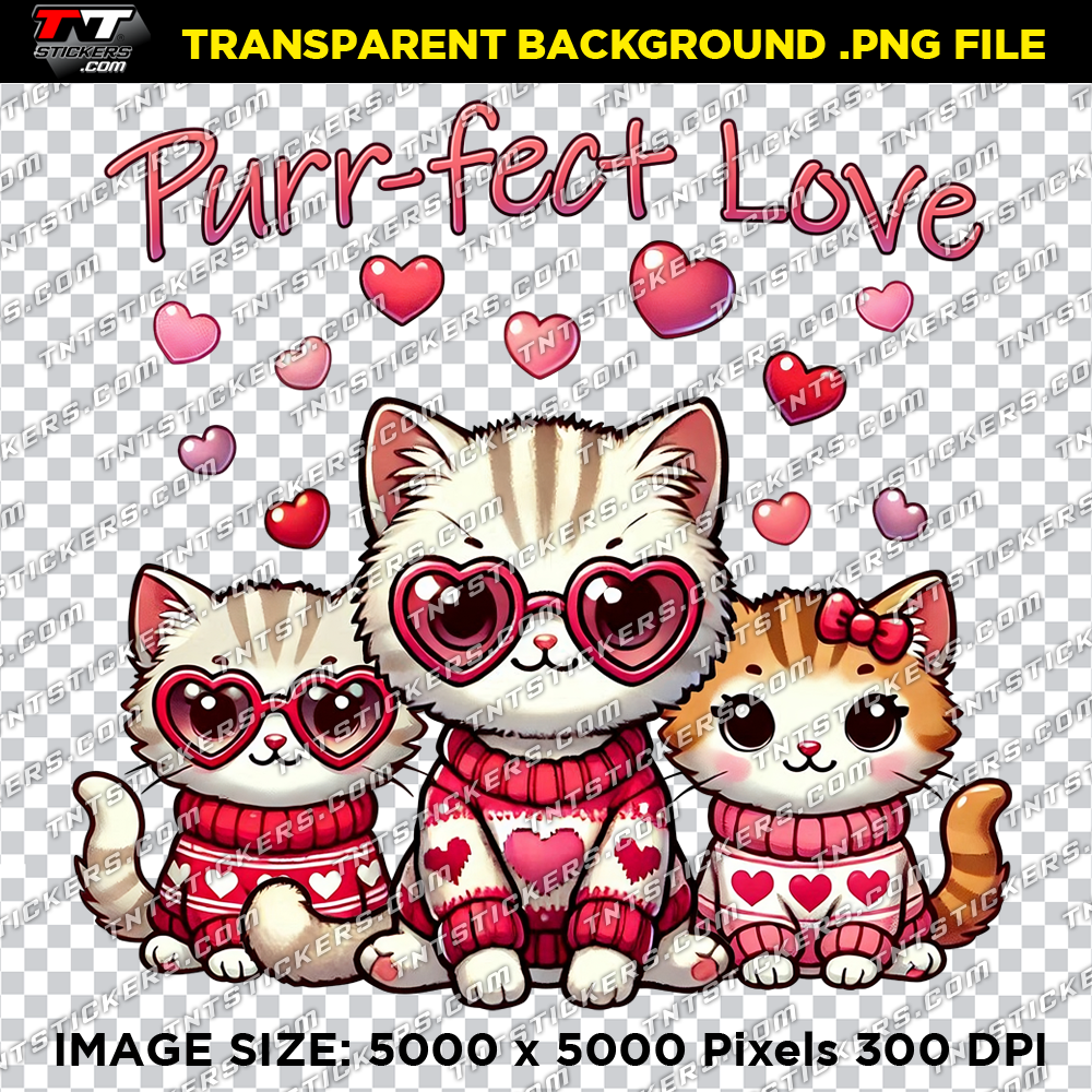 Bitmap file of three adorable kittens surrounded by red and pink hearts, evoking a theme of Valentine's Day, cuteness, and love for cats.
