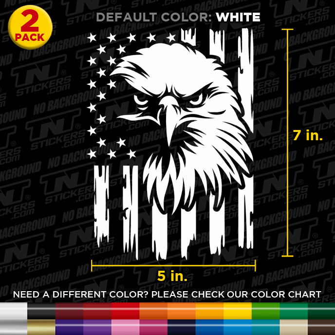 Eagle and flag design decal with dimensions and color options on a black background