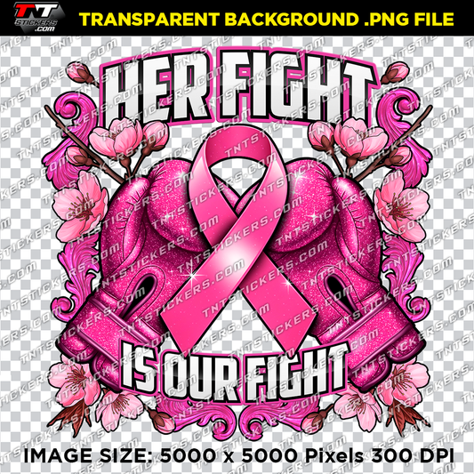Bitmap file illustration featuring two pink boxing gloves and a pink breast cancer awareness ribbon with  the text 'Her fight is our fight'