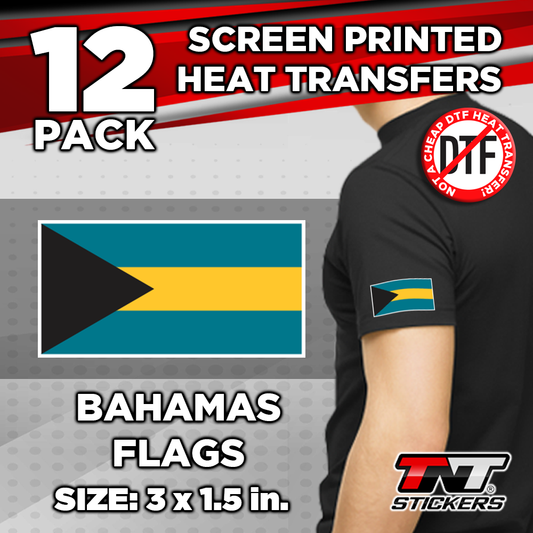 Promotional image of Bahamas flag heat transfers with a person wearing a black shirt with a flag design.