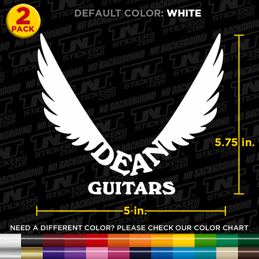 Dean Guitars logo with wings and measurements on a black background with TNT Stickers branding.