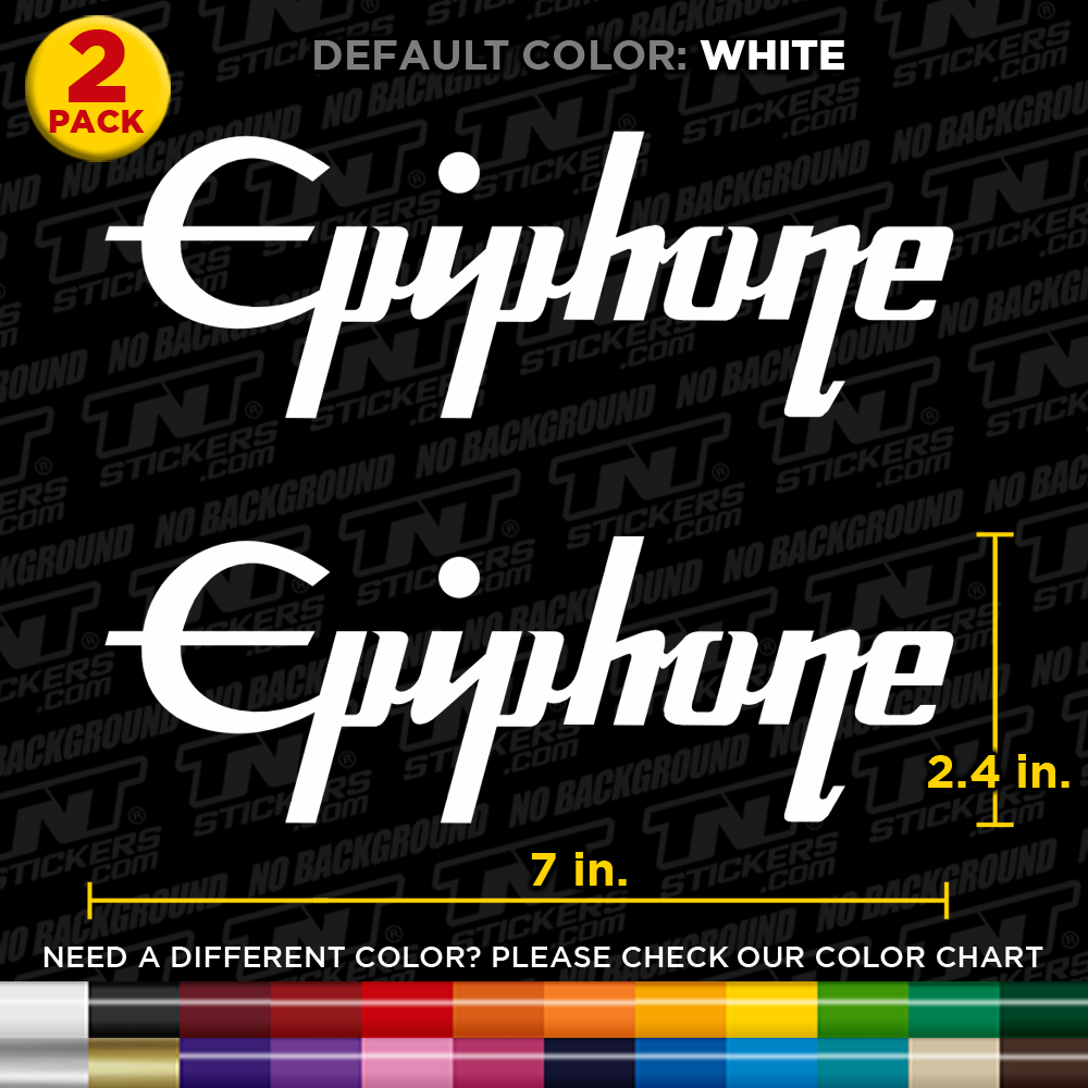 Two Epiphone logo stickers with dimensions and color options on a black background.