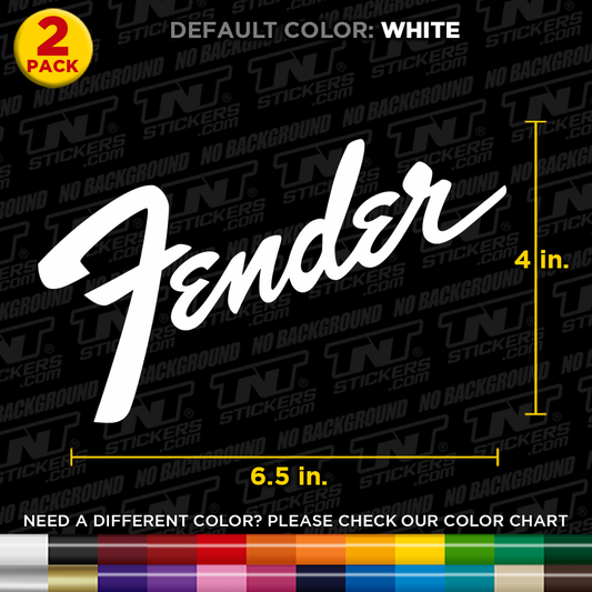Fender Guitars logo decal with dimensions and color options on a black background