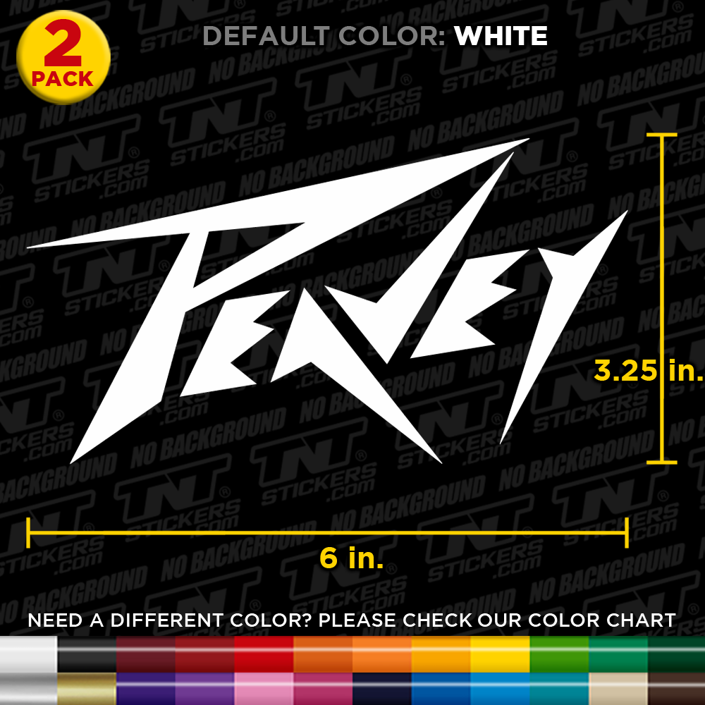 White Peavey logo sticker with dimensions on a black background with 'TNT Stickers' branding.