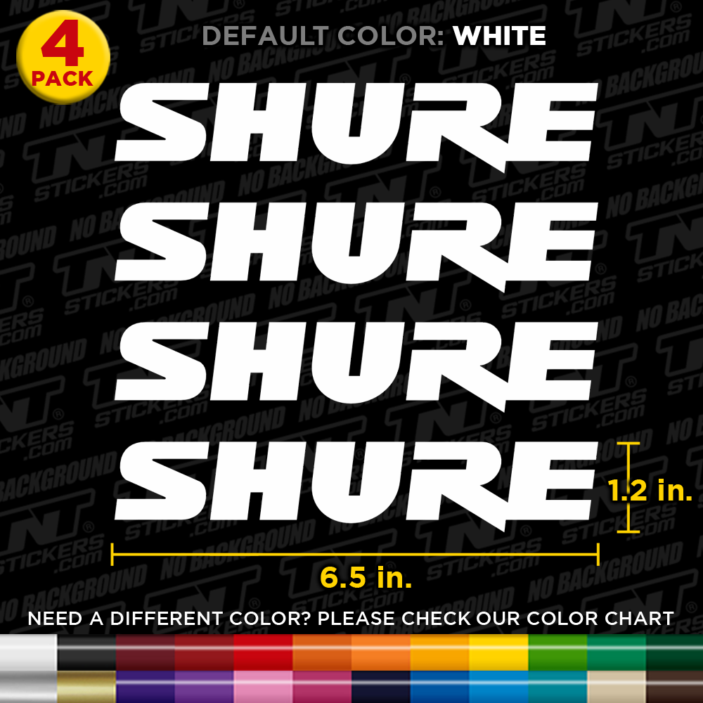 Shure logo stickers with dimensions and color options on a black background