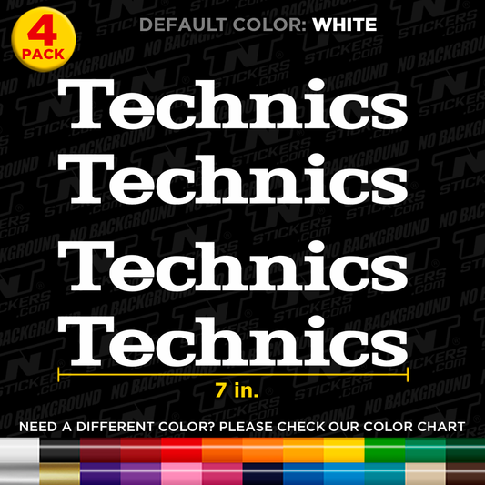Technics Turntables Logo stickers with text and color chart on a black background.
