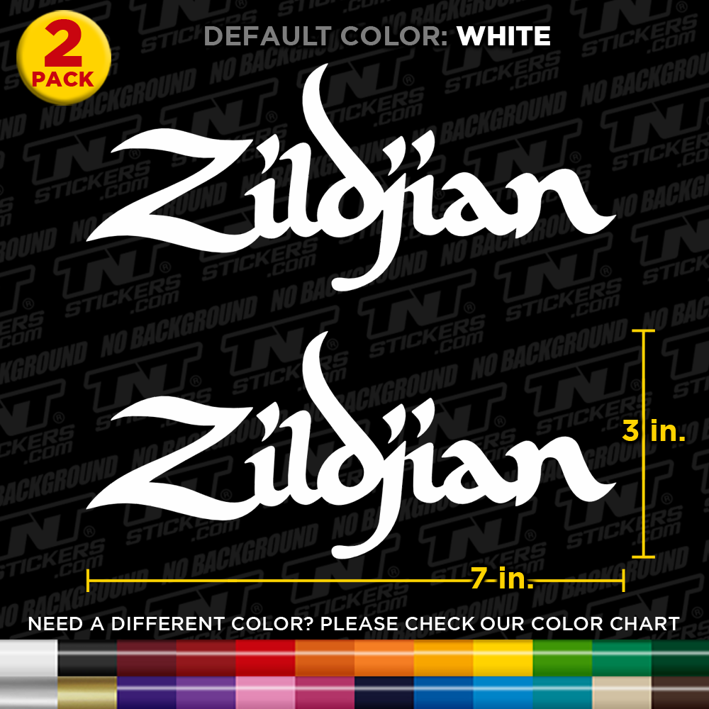 Zildjian logo stickers with dimensions on a black background