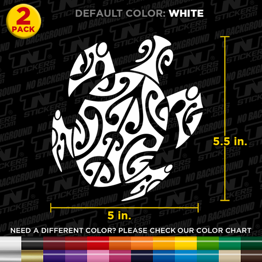 White tribal-style polynesian Sea Turtle decal on a black background with measurements and color options.
