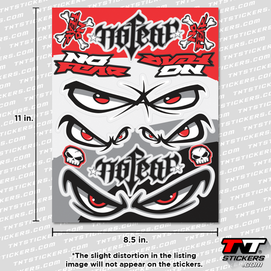 Sticker sheet with No Fear Angry Eyes designs, featuring measurement details on a branded background.