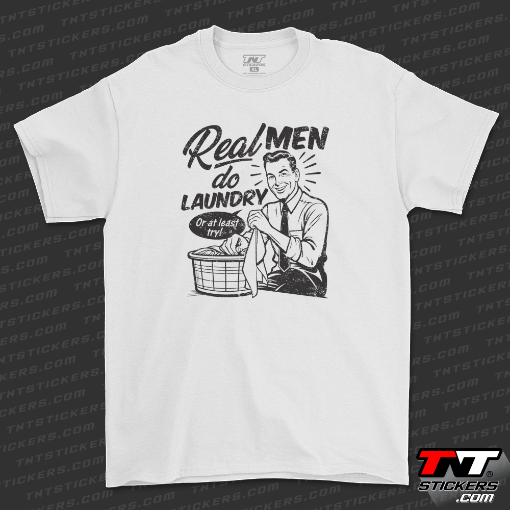 White short-sleeve t-shirt with a full front print featuring a Retro design with the text 'Real Men Do Laundry'
