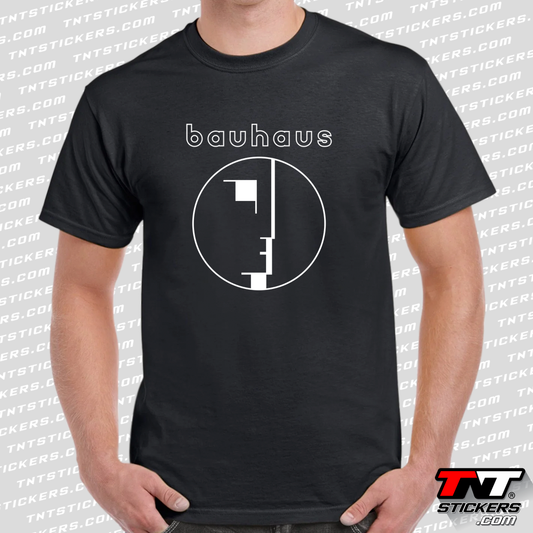 Model wearing a black short-sleeve t-shirt with a full front print featuring the Bauhaus Band logo.