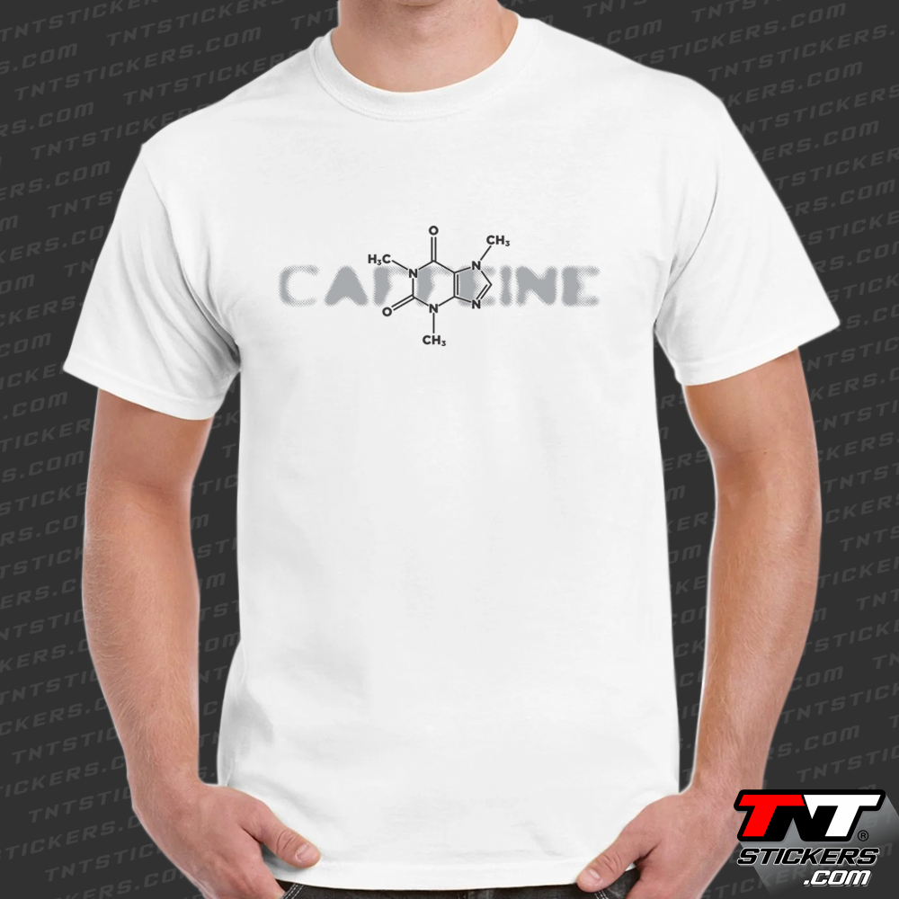 Model wearing a white short-sleeve t-shirt with a full front print featuring a Caffeine molecule design.