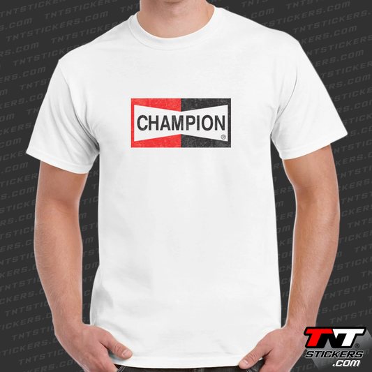 Model wearing a white short-sleeve t-shirt with a full front print featuring the Champion sparks logo with a distressed look.