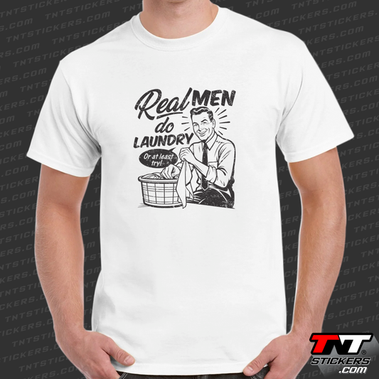 Model wearing a white short-sleeve t-shirt with a full front print featuring a Retro design with the text 'Real Men Do Laundry'