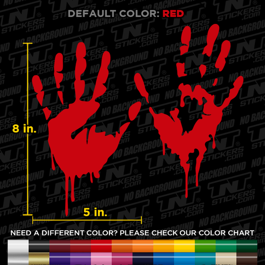Red handprint design with measurements on a black background with 'TNT Stickers' branding.