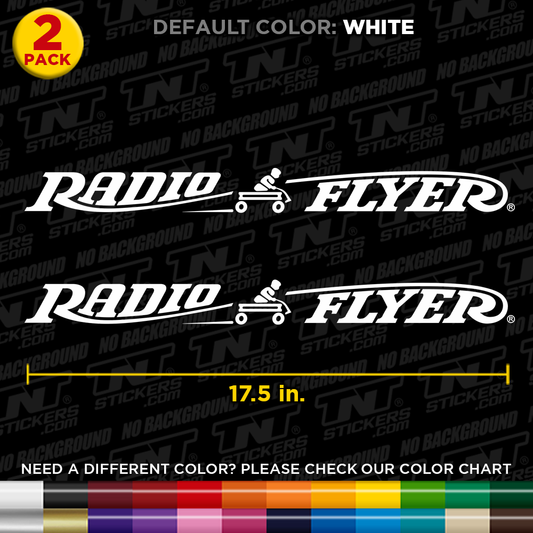 Radio Flyer logo decal with dimensions on a black background with brand name.
