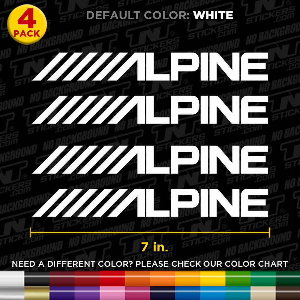 ALPINE Car Audio logo decals with a color chart on a black background
