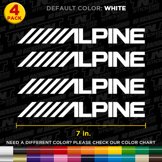 ALPINE Car Audio logo decals with a color chart on a black background