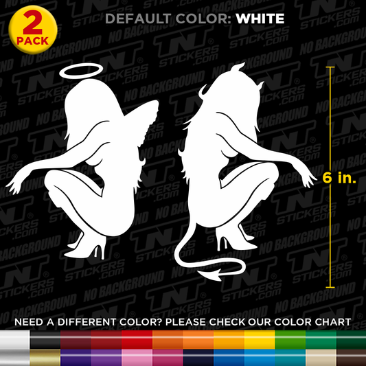 Silhouettes of a woman angel and a woman devil with measurement details on a branded background