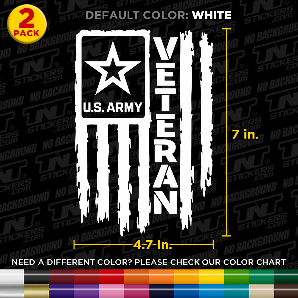 U.S. Army Veteran decal with dimensions and color options on a black background