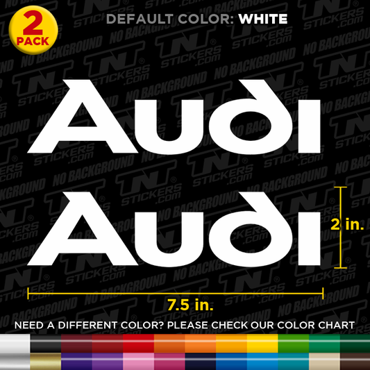 Two Audi decals with dimensions on a black background with 'TNTStickers' branding.