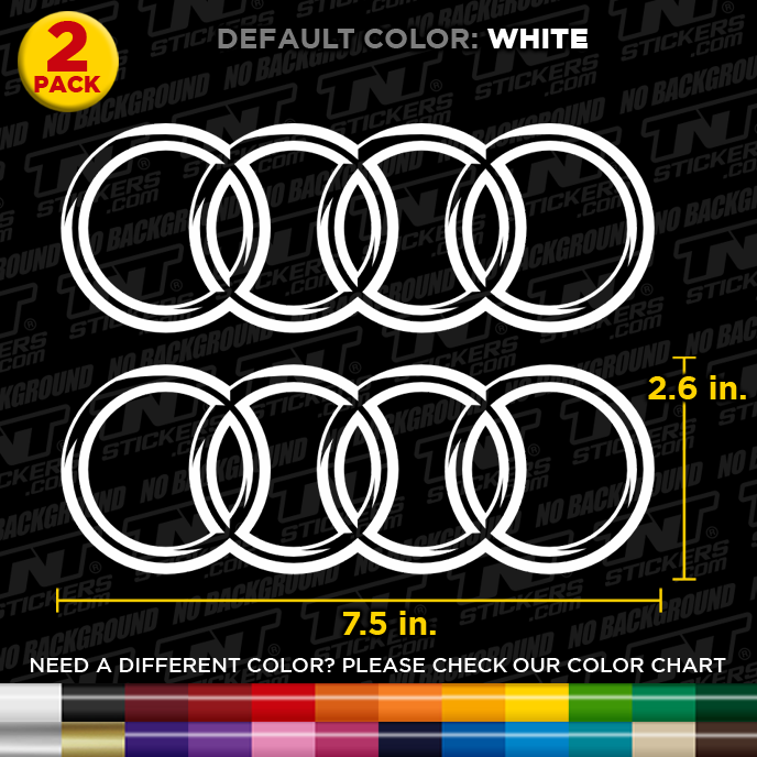 Two Audi Rings logo decals with dimensions and color options on a black background.