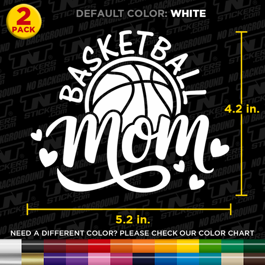 Basketball mom decal with dimensions and color options on a black background