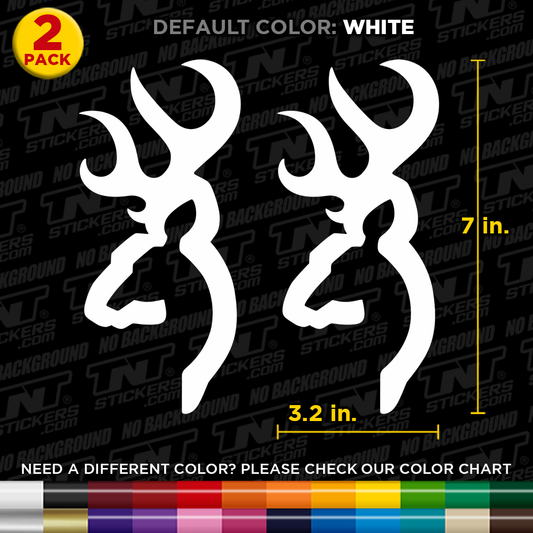 Two Browning Deer Logos with dimensions on a black background with 'TNTStickers' branding.