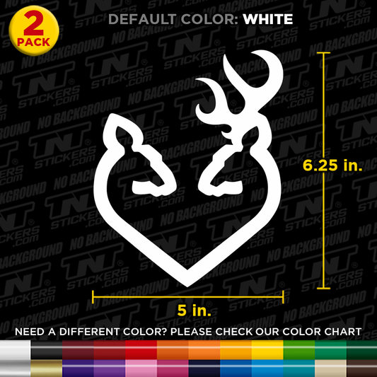 White Browning Buck and Doe Love Heart sticker with dimensions on a black background with 'TNT Stickers' branding.
