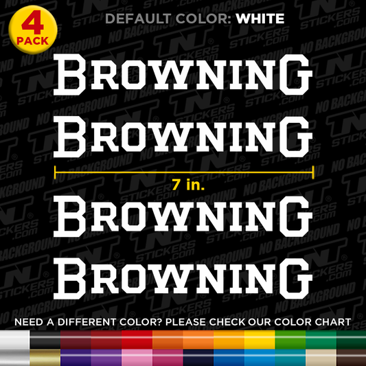 Browning brand decal pack with 4 of 'Browning' text on a black background.