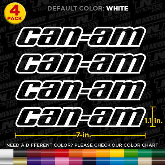 Can-am decals with dimensions and color options on a black background