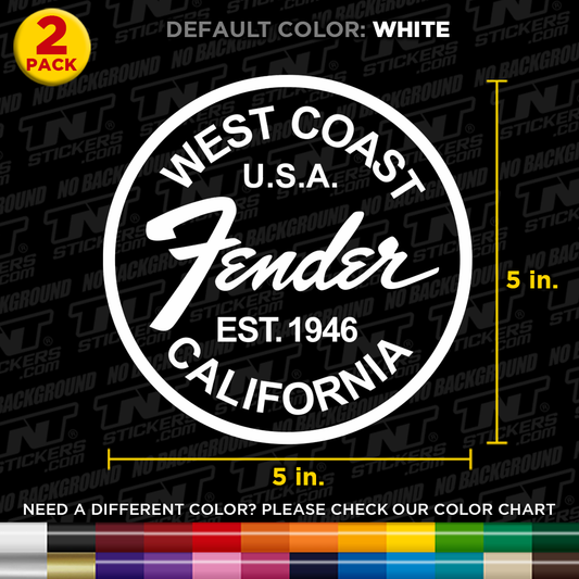 Fender Guitars West Coast logo decal with dimensions and color options on a black background