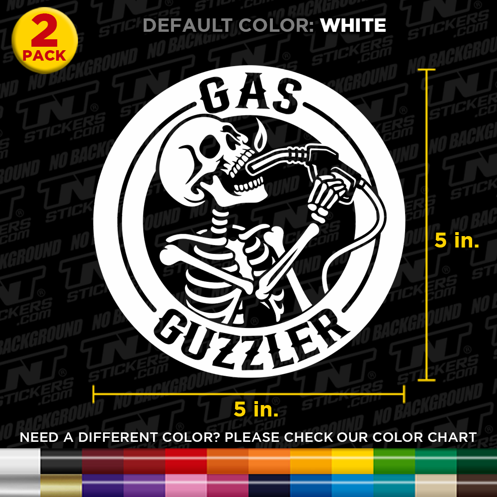 Skeleton with a gas pump and 'Gas Guzzler' text on a black background with color chart.