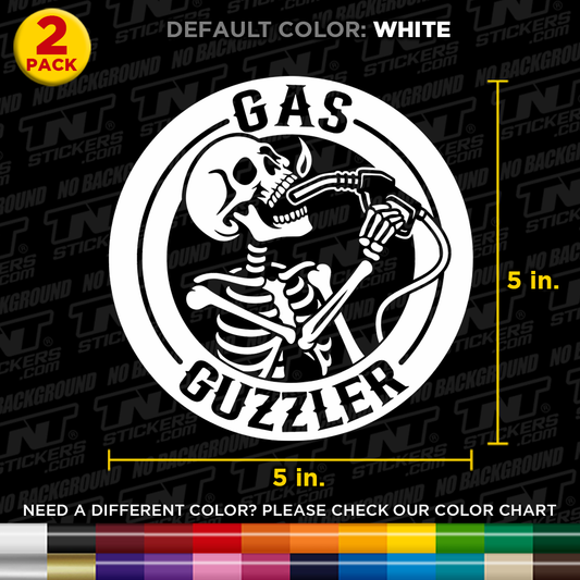 Skeleton with a gas pump and 'Gas Guzzler' text on a black background with color chart.