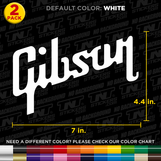 Gibson Guitars Logo stickers with text and color chart on a black background.