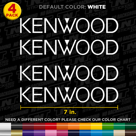 Kenwood Car Audio logo stickers with dimensions and color options on a black background