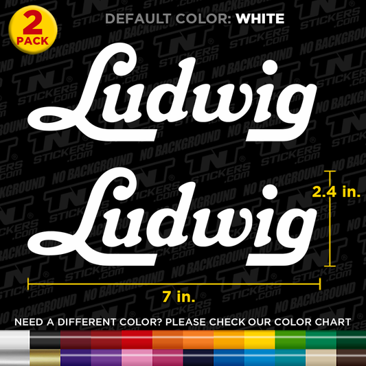 Ludwig Drums Logo stickers with text and color chart on a black background.
