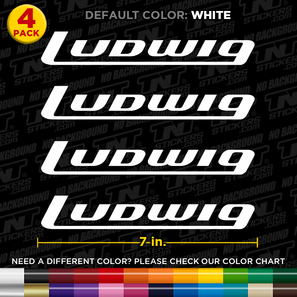 Four Ludwig drums brand stickers on a black background with color chart at the bottom.