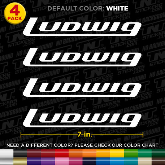 Four Ludwig drums brand stickers on a black background with color chart at the bottom.